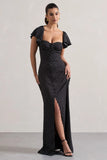 Signorina Black Polka Dot Buttoned Maxi Dress With Flounced Short Sleeves