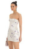 Satin Floral Lace Strapless Dress in White