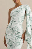 Clementina Green Porcelain Print Asymmetric Cape Sleeve Maxi Dress