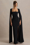 Claretta Black Square Neck Twisted Maxi Dress With Cape Sleeves