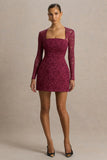 Bijou Burgundy Square Neck Lace Long Sleeve Mini Dress