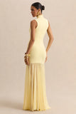 Felina Lemon High Neck Maxi Dress With Sheer Skirt