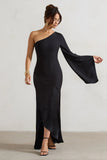Salem Black Asymmetric Cape Sleeve Maxi Dress With Satin Skirt
