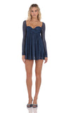 Foil Long Sleeve Babydoll Dress in Navy