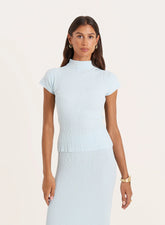 Blue Textured Fine Knit High Neck Top