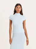 Blue Textured Fine Knit High Neck Top