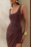 Jaylani Brown Scoop Neck Midi Dress With Draped Detailing