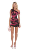 Floral Off Shoulder Ruched Bodycon Dress in Pink and Black