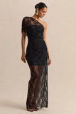 Fressia Black Lace Asymmetric Neck Maxi Dress With Draped Detailing