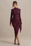 Raffie Plum Long Sleeve Midi Dress With Satin Wrap Skirt