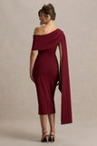 Leah Burgundy Asymmetric Neck Midi Dress With Cape Sleeve