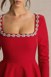 Astonish Red Long Sleeve Embellished Square Neck Mini Dress With Volume Skirt