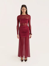 Burgundy Jersey And Mesh Mix Long Sleeved Maxi Dress