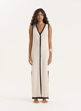 Ecru Knitted Contrast Trim Midaxi Dress