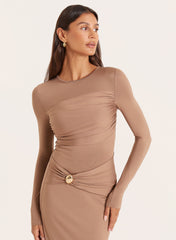Mocha Hardware Ruched Detail Maxi Dress