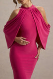 Teresa Hot Pink High Neck Cold Shoulder Maxi Dress