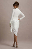 Luanna Ecru Satin Long Sleeve Midi Dress With Draped Skirt And Embellished Cuffs