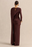 Orintha Brown Slashed Neck Maxi Dress With Cape And Gold Detail
