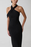 Sable Crossover Crepe Midi Dress Black