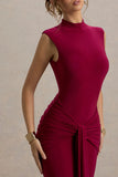 Graziana Burgundy High Neck Gathered Draped Maxi Dress