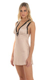 Lace Satin V Neck Dress in Camel