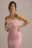 One And Only Light Pink Satin Feather Trim Bandeau Midi Dress