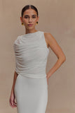 Pruedance Slinky Draped Top With Mesh Overlay White