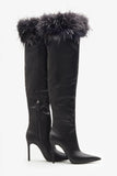 Soho Black Satin Pointed Heeled Boots With Feather Trims