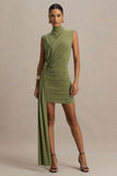 Sorenna Olive High Neck Mini Dress With Wrap And Sash Detail