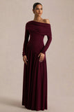 Farah Burgundy Asymmetric Neck Maxi Dress With Drop Waist And Ruched Detailing