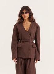 Chocolate Herringbone Tie Waist Wrap Jacket