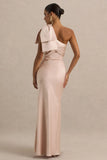 Valerie Light Pink Satin Asymmetric Neck Maxi Dress With Bow Detail
