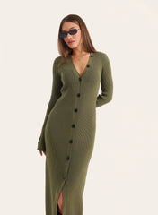 Olive V Neck Knitted Maxi Dress