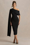 Leah Black Asymmetric Neck Midi Dress With Cape Sleeve