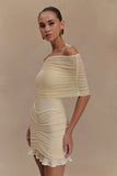 Caspian Slinky And Mesh Off Shoulder Mini Dress Ivory