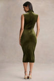Novine Olive Velvet High Neck Midi Dress