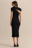 Clarina Black Asymmetric Neck Midi Dress With Bow Detail