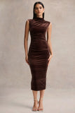 Novine Brown Velvet High Neck Midi Dress