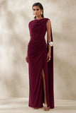 Palomara Burgundy Round Neck Maxi Dress With Sash And Front High Split