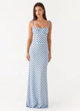Akil Corset Maxi Dress Blue Mocha Dot