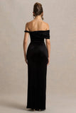 Poised Black Velvet Bardot Neck Maxi Dress With Twist Sleeve