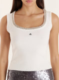 White Embellished Trim Square Neck Vest Top