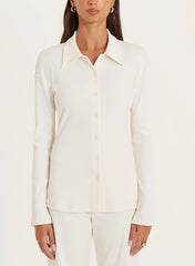 Cream Ribbed Button Long Sleeve Top