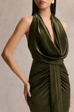 Lavernia Olive Velvet Halter Neck Maxi Dress With Gathered Detailing