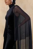 Adoring Black Velvet High Neck Maxi Dress With Cape