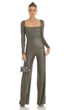 Shimmer Open Back Long Sleeve Jumpsuit in Olive