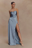Larissa Satin Maxi Dress With Ruched Petals Frosted Blue
