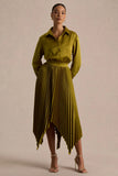 Naxos Olive Satin Shirt Maxi Dress With Pleated Skirt