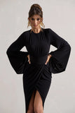 Lennox Black Drape Sleeve Gathered Midi Dress