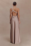 Lyla Asymmetrical Satin Maxi Dress Bronze Taupe